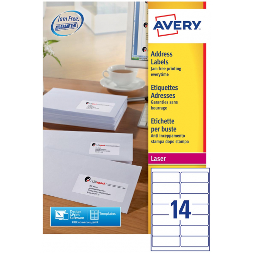 Avery L7163, Adresetiketten, Laser, Ultragrip, wit, 250 vellen, 14 per vel, 99,1 x 38,1 mm