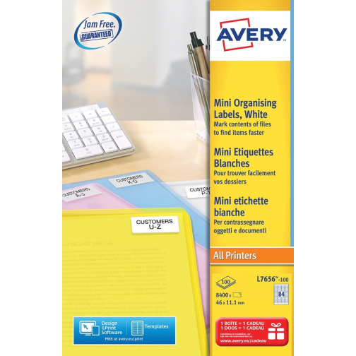 Avery L7656-100 mini etiketten ft 46 x 11,1 mm (b x h), wit, doos 8400 stuks