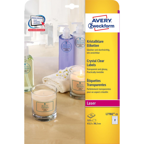 Avery transparante Crystal Clear etiketten ft 63,5 x 38,1 mm, 525 etiketten, 21 per vel