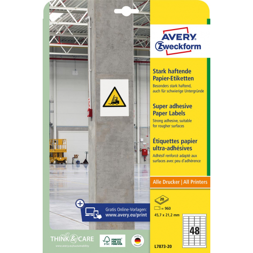 Avery sterk klevende papieren etiketten, ft 45,7 x 21,2 mm, pak van 960 etiketten