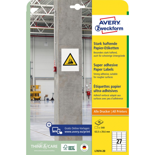 Avery sterk klevende papieren etiketten, ft 63,5 x 29,6 mm, pak van 540 etiketten