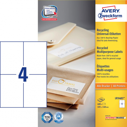 Avery Witte gerecycleerde universele etiketten Ft 105 x 148 mm (b x h), 400 stuks, 4 per blad