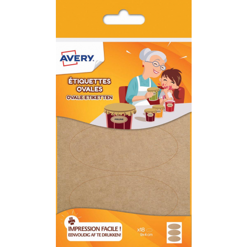 Avery Family ovale etiketten, ft 4 x 9 cm, kraft, ophangbare etui met 18 etiketten