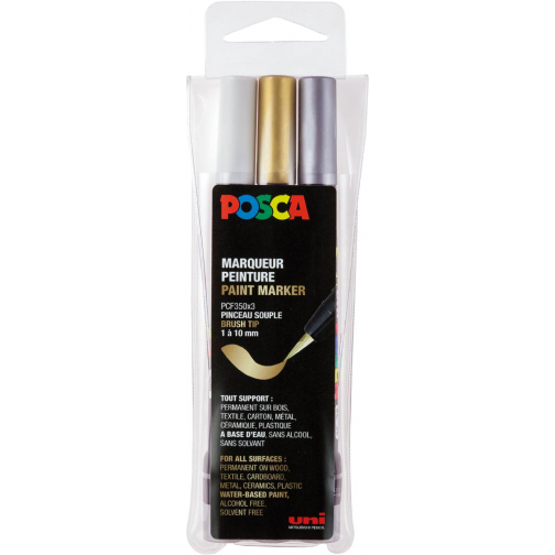 Posca paintmarker PCF-350, brush tip, étui van 3 stuks, assorti (goud, zilver en wit)