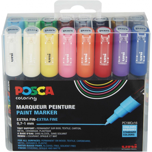 Posca paintmarker 1MC, extra-fijne punt, assorti, etui met 16 stuks