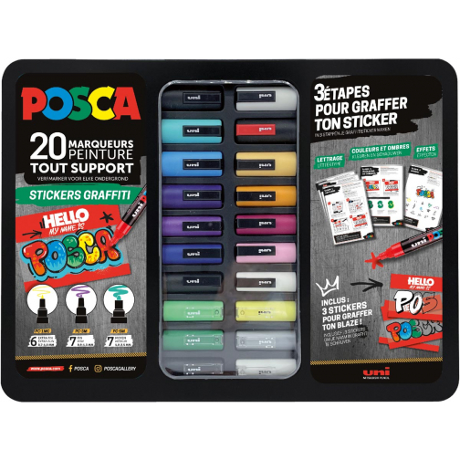 Posca paintmarkers, metalen doos van 20 stuks, assorti, ontwerp Stickers Graffiti