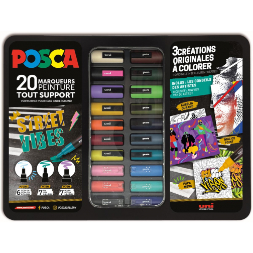 Posca paintmarkers, metalen doos van 20 stuks, assorti, ontwerp Street Vibes