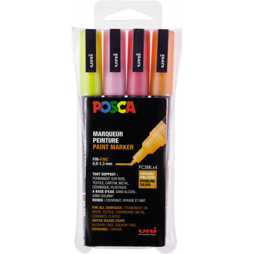 Uni POSCA paintmarker PC-3ML, 1,5 mm, glitter, etui van 4 markers in geel, oranje, roze en rood