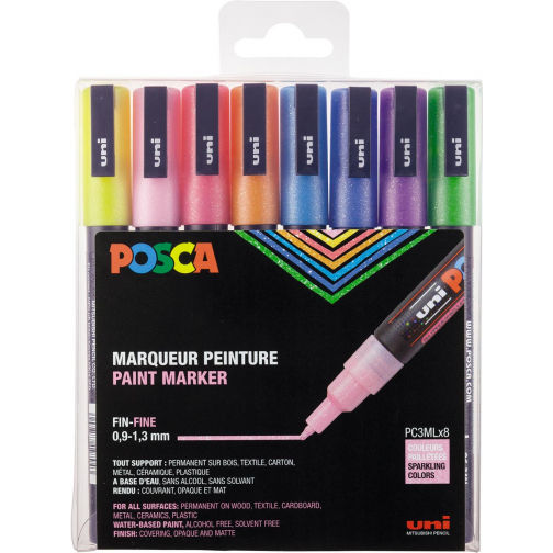 Posca paintmarker PC-3M, set van 8 markers, glitter, assorti