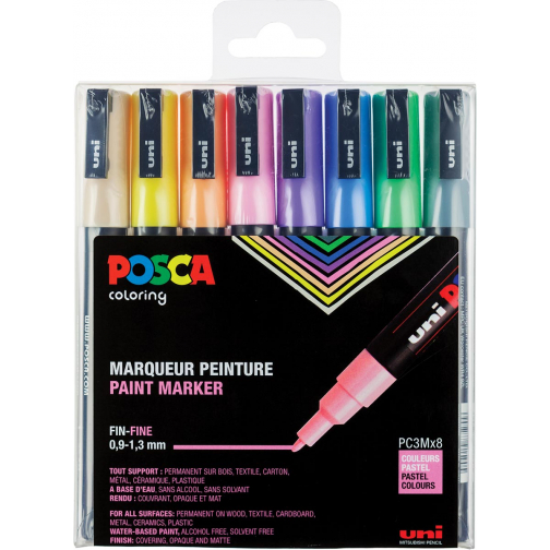 Uni POSCA paintmarker PC-3M, 1,5 mm, etui van 8 markers in geassorteerde pastelkleuren