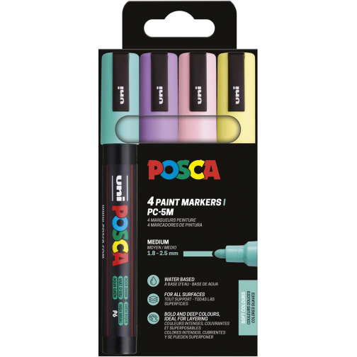 Uni POSCA paintmarker PC-5M, 1,8 - 2,5 mm, etui van 4 stuks in zachte kleuren