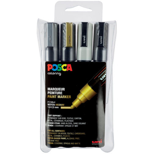 Uni POSCA paintmarker PC-5M, 1,8 - 2,5 mm, etui van 4 stuks in geassorteerde vanallic kleuren