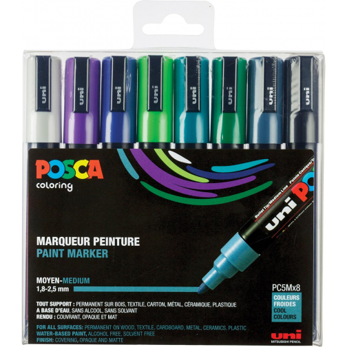 Uni POSCA paintmarker PC-5M, 1,8 - 2,5 mm, etui van 8 markers in geassorteerde koude kleuren