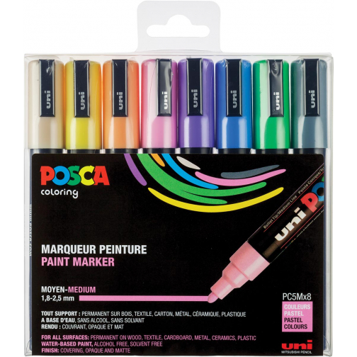 Uni POSCA paintmarker PC-5M, 1,8 - 2,5 mm, etui van 8 markers in geassorteerde pastelkleuren