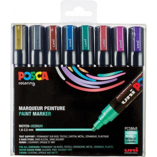 Uni POSCA paintmarker PC-5M, 1,8 - 2,5 mm, etui van 8 markers in geassorteerde metallic kleuren