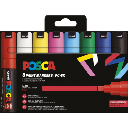 Uni POSCA paintmarker PC-8K, 8 mm, etui van 8 stuks in basiskleuren