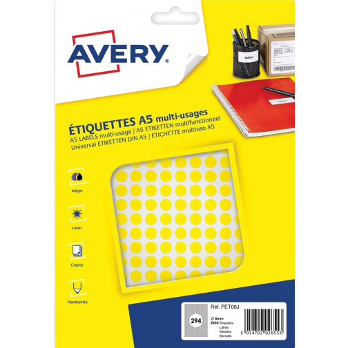 Avery PET08J ronde markeringsetiketten, diameter 8 mm, blister van 2940 stuks, geel