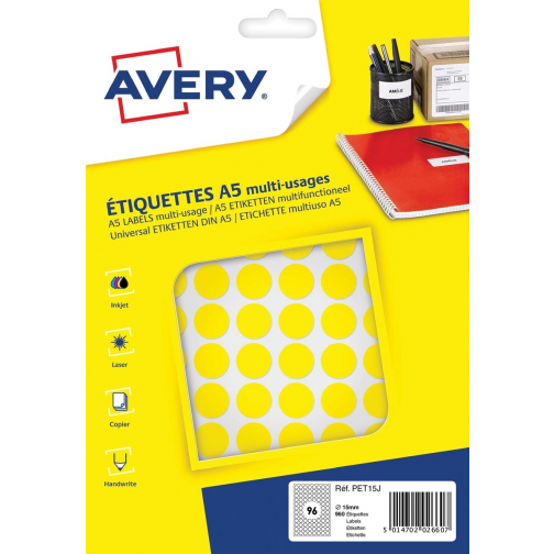 Avery PET15J ronde markeringsetiketten, diameter 15 mm, blister van 960 stuks, geel