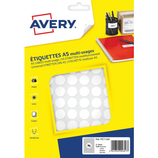 Avery PET15W ronde markeringsetiketten, diameter 15 mm, blister van 1536 stuks, wit