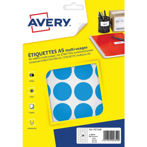Avery PET30B ronde markeringsetiketten, diameter 30 mm, blister van 240 stuks, lichtblauw