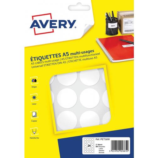 Avery PET30W ronde markeringsetiketten, diameter 30 mm, blister van 384 stuks, wit