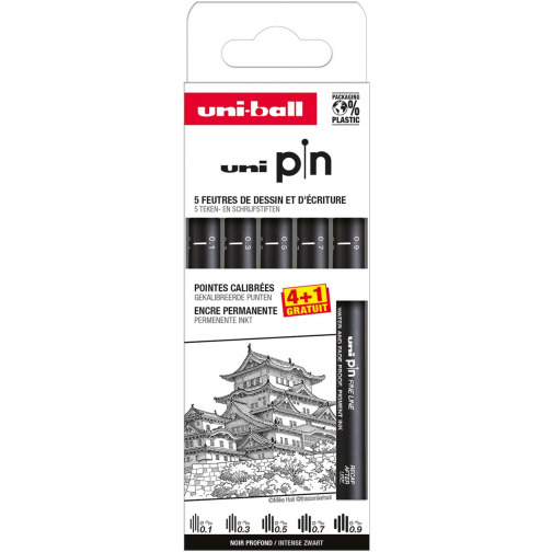 Uni Pin fineliner, gekalibreerde punten, zwart, 0,1-0,3-0,5-0,7-0,9 mm, blister van 4 + 1 gratis