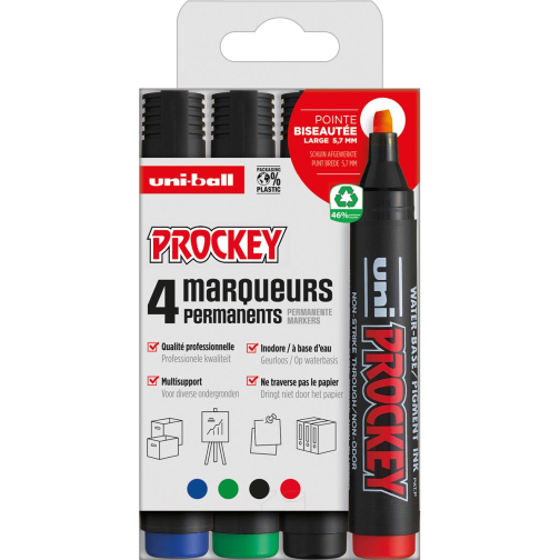 Uni-ball permanent marker Prockey PM-126, schuine punt, large, etui van 4 stuks