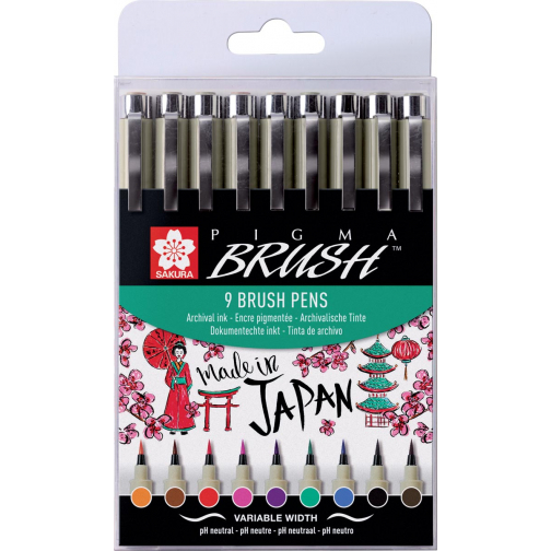 Sakura brushpen Pigma Brush, etui van 9 stuks, in geassorteerde kleuren