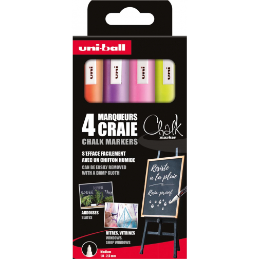 Uni-ball krijtmarker, ronde punt 1,8 - 2,5 mm, etui van 4 stuks, assorti