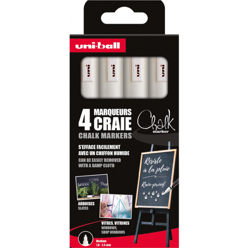 Uni-ball krijtmarker, ronde punt 1,8 - 2,5 mm, etui van 4 stuks, wit