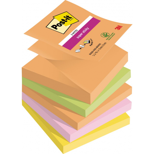 Post-it Super Sticky Z-notes Boost, 90 vel, ft 76 x 76 mm, geassorteerde kleuren, pak van 5 blokken