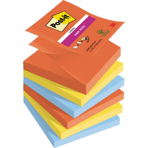 Post-it Super Sticky Z-notes Playful, 90 vel, ft 76 x 76 mm, geassorteerde kleuren, pak van 6 blokken