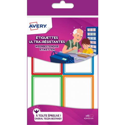 Avery Family weerbestendige etiketten, ft 4,5 x 6,5 cm, etui met 16 etiketten in geassorteerde kleuren