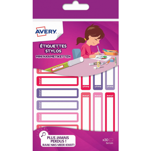 Avery Family mini naametiketten, ft 5 x 1 cm, roze/paars, ophangbare etui met 30 etiketten