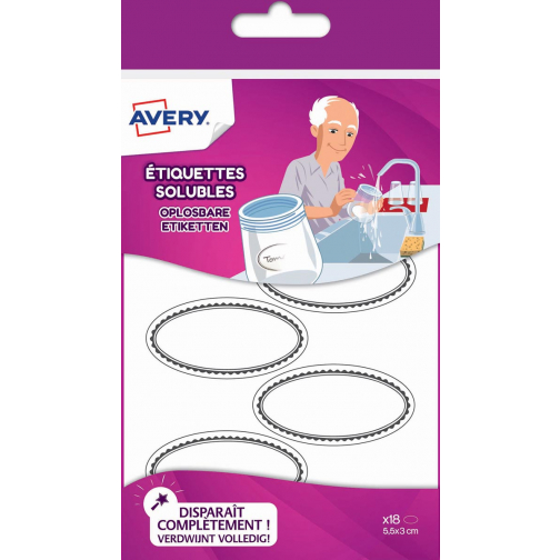 Avery Family ovale oplosbare etiketten, ft 5,5 x 3 cm, ophangbare etui met 18 etiketten