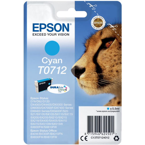 Epson inktcartridge T0712, 345 pagina's, OEM C13T07124012, cyaan