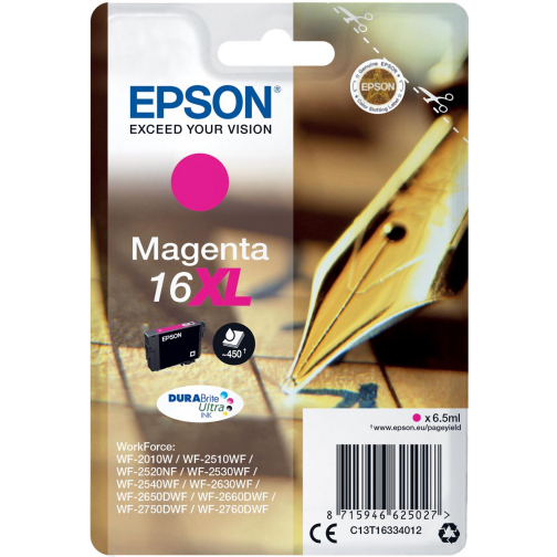 Epson inktcartridge 16XL, 450 pagina's, OEM C13T16334012, magenta
