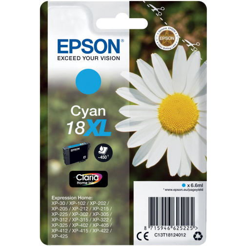 Epson inktcartridge 18XL, 450 pagina's, OEM C13T18124012, cyaan