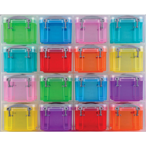 Really Useful Box transparante muurkubus met 16 gekleurde opbergdozen van 0,14 liter