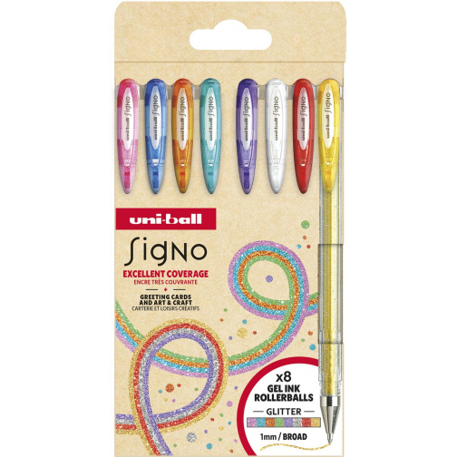Uni-ball roller Signo Glitter, pointe large, geassorteerde kleuren, etui van 8 stuks