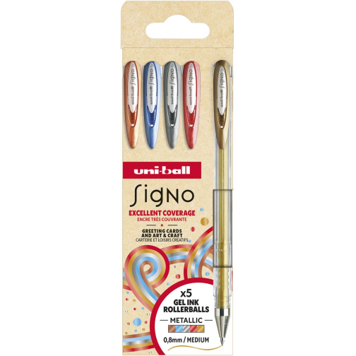Uni-ball roller Signo Metallic, medium punt, geassorteerde kleuren, etui van 5 stuks