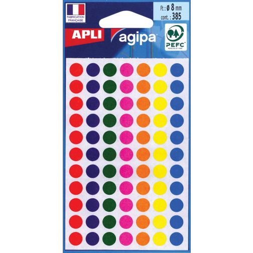 Agipa ronde etiketten in etui diameter 8 mm, geassorteerde kleuren, 385 stuks, 77 per blad