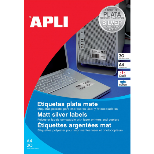 Apli etiketten ft 210 x 297 mm (b x h), 20 stuks, 1 per blad, zilver