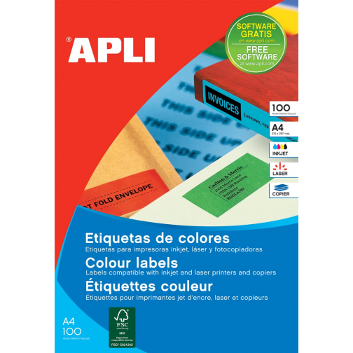 Apli Gekleurde etiketten ft 105 x 37 mm (b x h), rood, 1.600 stuks, 16 per blad, doos van 100 blad