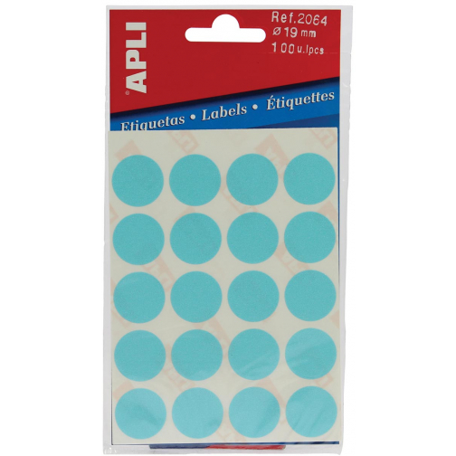 Apli ronde etiketten in etui diameter 19 mm, blauw, 100 stuks, 20 per blad (2064)