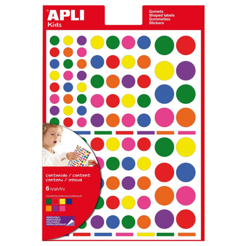 Apli Kids verwijderbare stickers, cirkel, blister met 624 stuks in geassorteerde kleuren en groottes