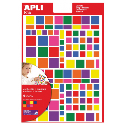 Apli Kids verwijderbare stickers, vierkant, blister met 756 stuks in geassorteerde kleuren en groottes