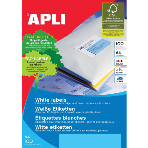 Apli Witte etiketten ft 63,5 x 46,6 mm (b x h), 1.800 stuks, 18 per blad (2415)