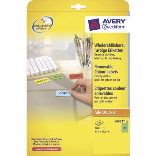 Avery afneembare gekleurde etiketten ft 63,5 x 33,9 mm (b x h), 480 stuks, 24 per blad, groen