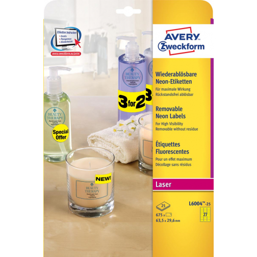 Avery afneembare neon etiketten ft 63,5 x 29,6 mm (b x h), doos van 675 stuks (25 vel van 27), neongeel